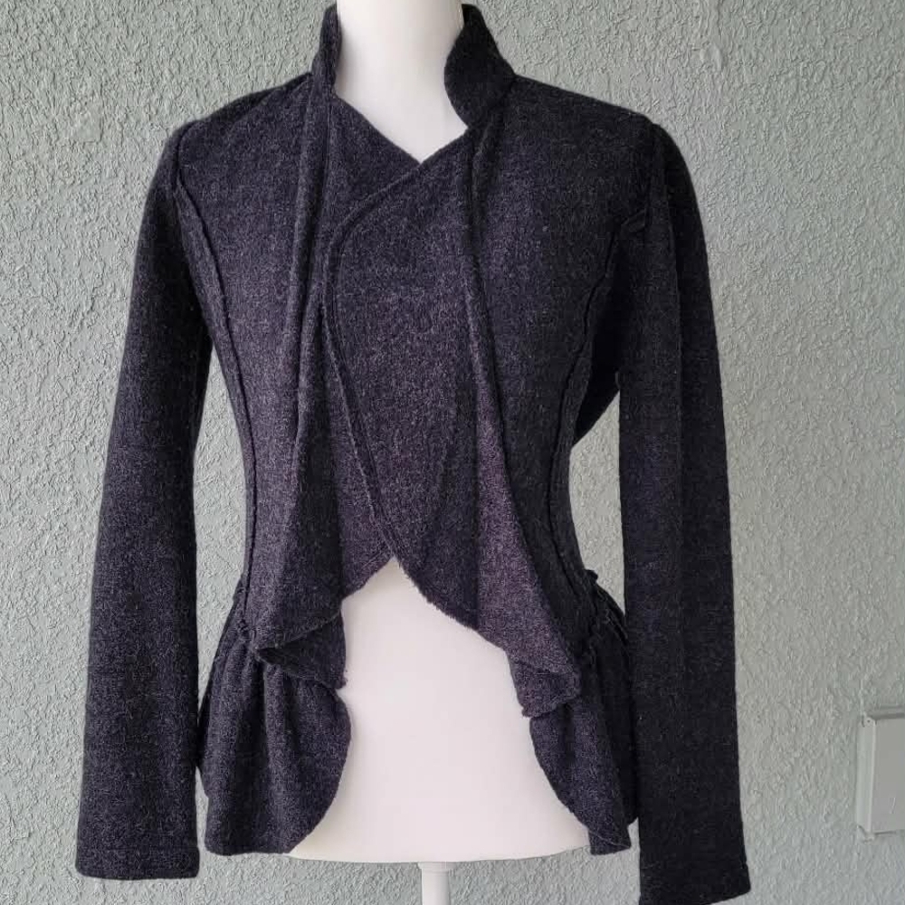 Cache 100% Wool Peplum Jacket Small Fitted Blazer Gray Draped Front Tailored - Picture 10 of 11